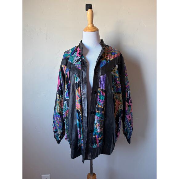 VTG 80s Judith Anne Creations Leather Bat Sleeve Floral Sequin Bomber Jacket - Picture 3 of 14